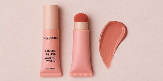 A Mysense Liquid Blush Makeup Wand in pink packaging with sponge applicator, shown alongside a smooth swatch of soft cream blush on a pink background.
