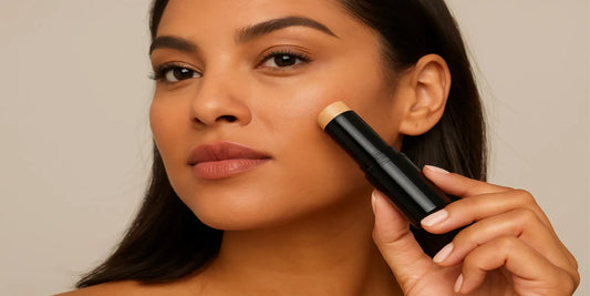 A woman with a smooth complexion applies beige foundation from a black shaping stick to her cheek, holding it gently against a warm beige background.