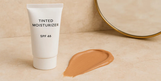 White tube of tinted moisturizer SPF 46 with a smear of product beside it on a beige surface, next to a round mirror reflecting soft light.