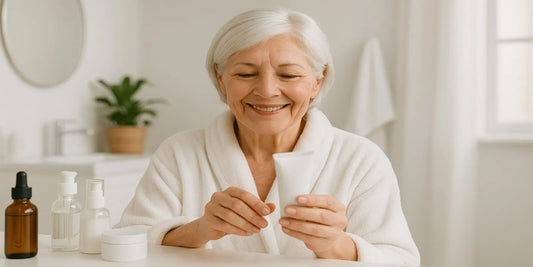 Smiling senior woman in a white robe holds a skincare tube at a bright vanity with bottles and plants, promoting gentle beauty care.