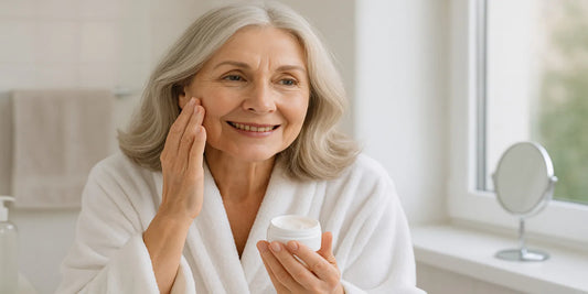 Smiling senior woman with silver hair applies moisturizer to her face in a bright bathroom, promoting gentle beauty care after 50.