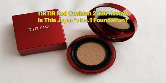 TIRTIR red cushion compact and box displayed on a soft fabric surface, showing the opened foundation with mirror in a clean, elegant composition.