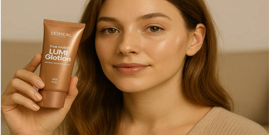 A young woman with glowing skin holds a tube of L'Oréal True Match Lumi Glotion 901 Fair, highlighting a radiant and natural dewy look.