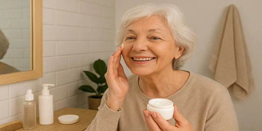 Smiling senior woman with white hair applying face cream in a bright bathroom, showing healthy skincare and beauty after 50.