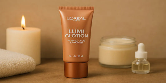 A tube of Lumi Glotion surrounded by skincare items, candle, and towel on a beige background, showcasing a natural glow look for radiant skin.
