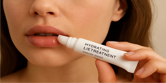Close-up of a woman applying a medical-grade hydrating lip treatment with a white tube, highlighting glossy, moisturized lips and smooth skin.