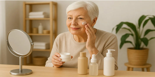 Elderly woman applying face cream in front of a mirror, with skincare bottles on the table in a bright, cozy bathroom.
