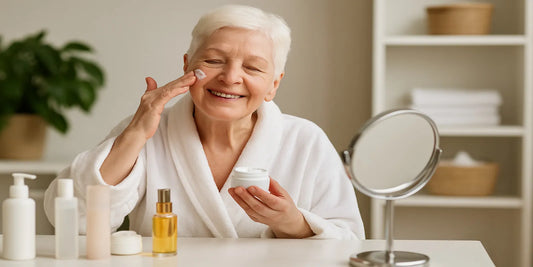 Smiling senior woman in a white robe applying face cream at a vanity table with skincare products, mirror, and natural light.