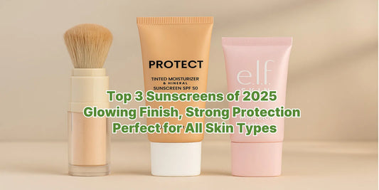 Three top sunscreen products including mineral powder, SPF 50 tinted moisturizer, and SPF 30 glow base displayed on a soft beige background.