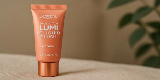 A tube of L'Oréal Paris True Match Lumi Liquid Blush in Medium shade, standing on a beige fabric surface with a soft blurred background.