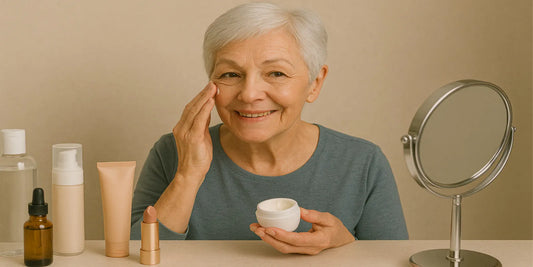 Smiling senior woman applying moisturizer at a vanity table with skincare bottles and mirror, highlighting graceful aging and natural beauty.