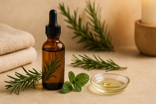 Amber dropper bottle of rosemary mint hair oil on stone surface, with fresh rosemary, mint leaves, towels and a small dish of oil.