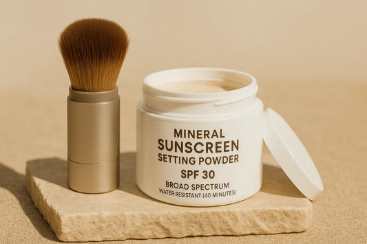Mineral sunscreen setting powder SPF 30 with a soft brush, displayed on a stone slab under natural light, ideal for all skin types in 2025.