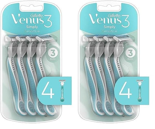 Gillette Venus Simply 3 Sensitive Women's Disposable Razors, Pack of 2 with 4 razors
