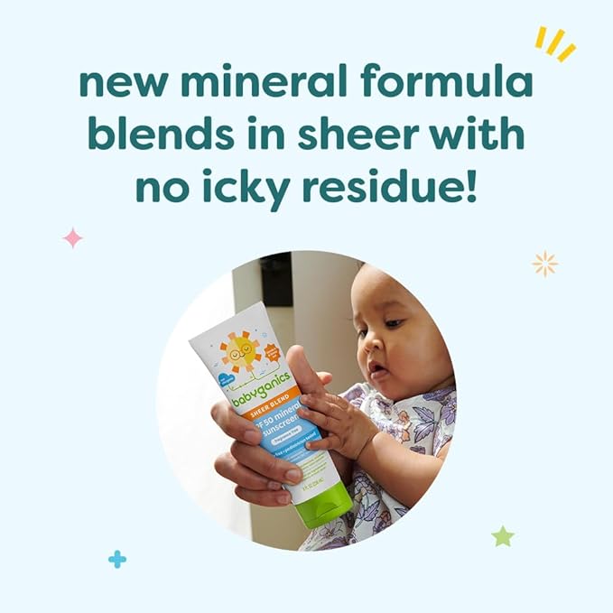 Babyganics SPF 50 Mineral Sunscreen Lotion, Sheer Blend, UVA UVB Protection, Octinoxate & Oxybenzone Free, Water Resistant, Fragrance Free, 3 oz