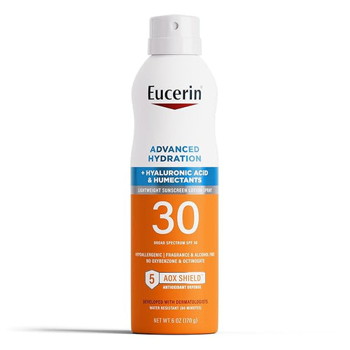Eucerin Advanced Hydration SPF 30 Sunscreen Spray, Lightweight Sunscreen Lotion Spray, Hypoallergenic, Fragrance Free and Alcohol Free, 6 Oz Spray Bottle