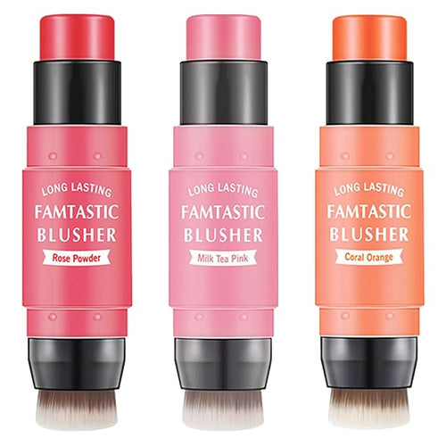 3 Pcs Cream Blush Stick with Brush,Waterproof Multi Cream Makeup Stick,Lightweight,Long-lasting,2 in 1 Multi Blush for Cheeks & Lip Tint & Eyeshadow Makeup,Suitable for All Skin