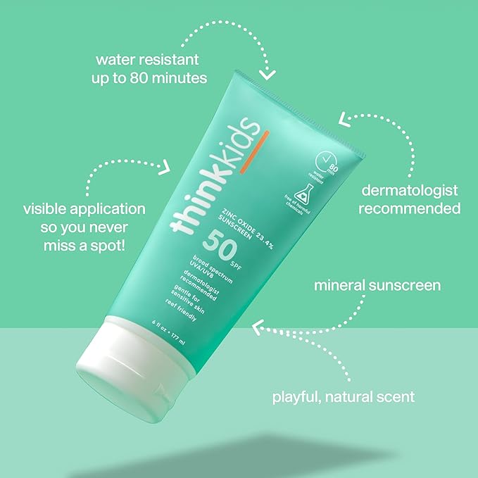 Thinksport Kids SPF 50+ Mineral Sunscreen – Safe, Natural Sunblock for Children - Water Resistant Sun Cream – Broad Spectrum UVA/UVB Sun Protection – Reef Friendly Sun Lotion, 6oz