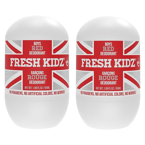 Fresh Kidz Roll On Deodorant for Kids and Teens - Baking Soda and Aluminum-free 24 Hour Protection for Sensitive Skin - Boys "Red" 1.86 fl.oz. (2 Pack)