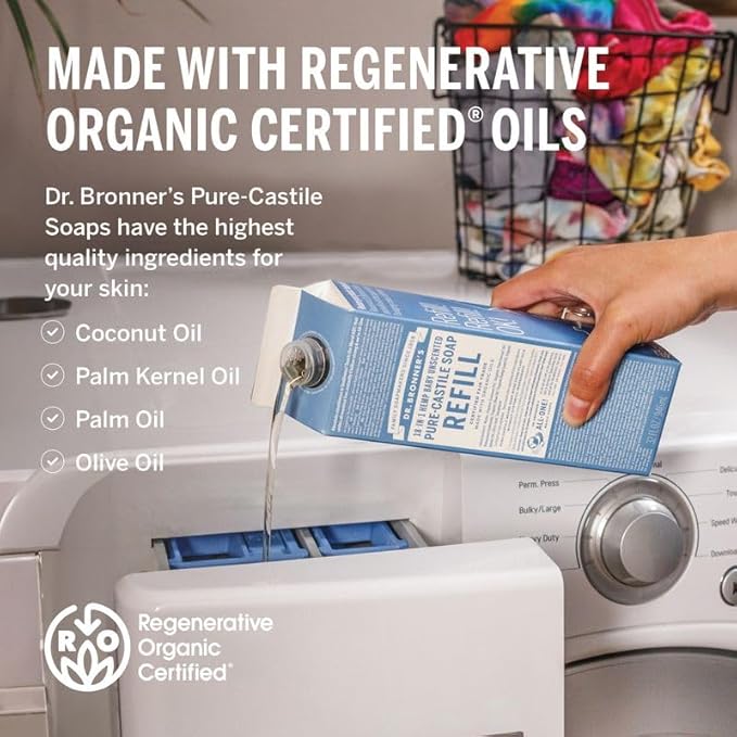 Dr. Bronner’s Pure-Castile Liquid Soap Bottle & Refill Carton - Made with Regenerative Organic Certified Oils, 82% Less Plastic-18-in-1 Uses for Face, Body Wash, Hand Soap Refill- Baby Unscented,32 oz