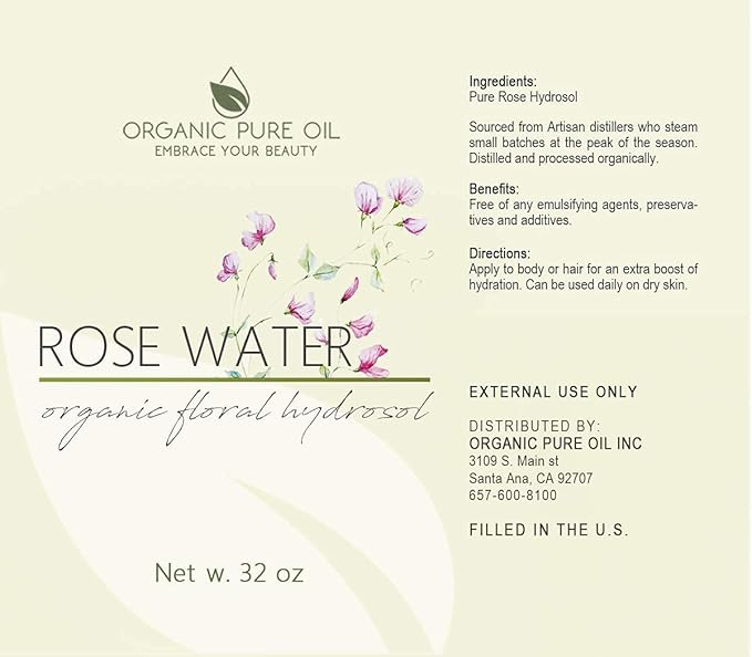 32 oz Rose Hydrosol Water โ 100% Pure Rosewater Spray Mist Bulk โ Hydrating Face Toner Rose Water for Skin and Hair Linen Spray for Sheets Room Freshener Body Spray Refill by Organic Pure Oil
