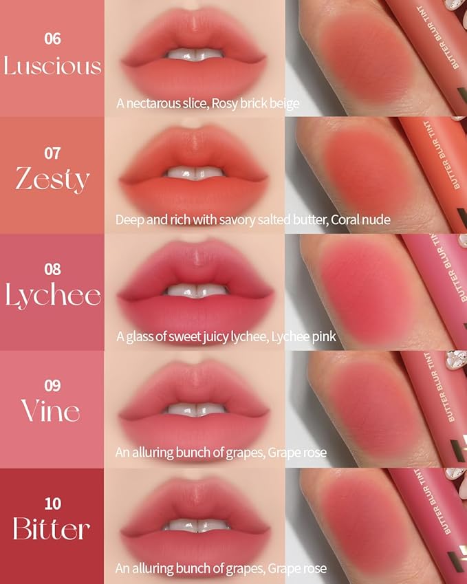 HOLIKA HOLIKA Butter Blur Lip Tint (06 LUSCIOUS) - Korean Matte Lip Tint, Lightweight High-Pigmented Lips, Velvety Silky Smooth K-Beauty Lip Makeup, Long Wearing Formula