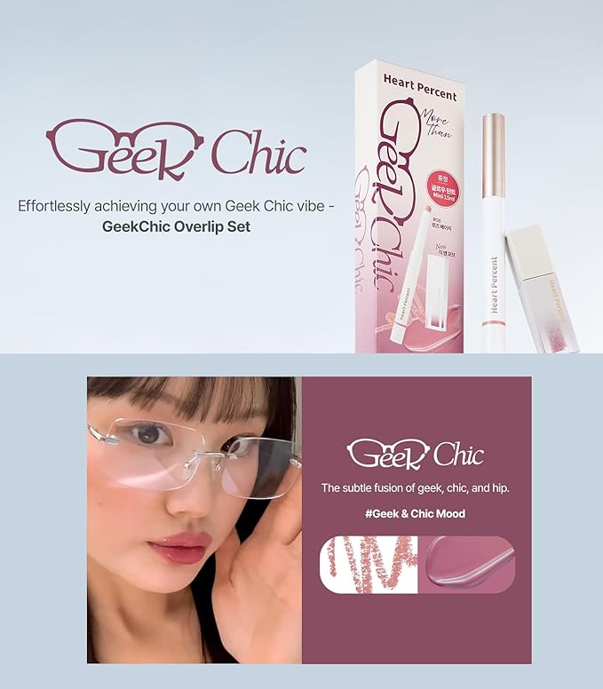 Heart Percent Dote On Mood Overlip Pencil & Stain Duo Set, Long-Lasting Creamy Lip Crayon & Pure Glow Tint Dewy Moisturizing Liquid Lipstick, #GeekChic Overlip Set