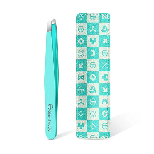 Expert Eyebrow Hair Removal Tweezer with Leather Case, GlamTweeler High Precision Slant Tip Stainless Steel Tweezers for Men and Women (Robin's Egg Blue)