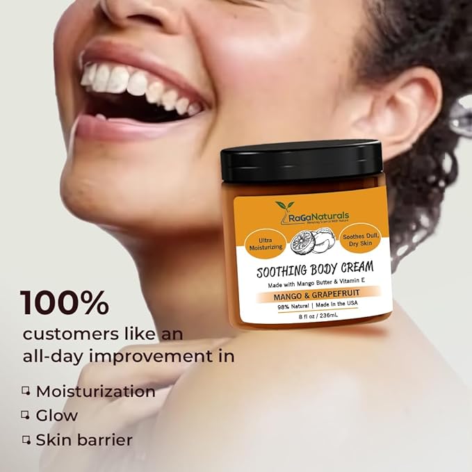 RaGaNaturals Natural Mango Butter Body Cream for Dry Skin for Women, Men - Tropical Plant-Based Hydrating Moisturizer with Avocado Oil and Vitamin E - Non-Greasy, Vegan, Cruelty-Free, Smell Good -8 Oz