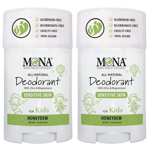 MONA Brands KIDS Deodorant for Girls, Boys, Preteens & Teens | Safe for Sensitive Skin - No Baking Soda, Aluminum or Synthetic scents | (2-PK HONEYDEW 1.76 Oz each)