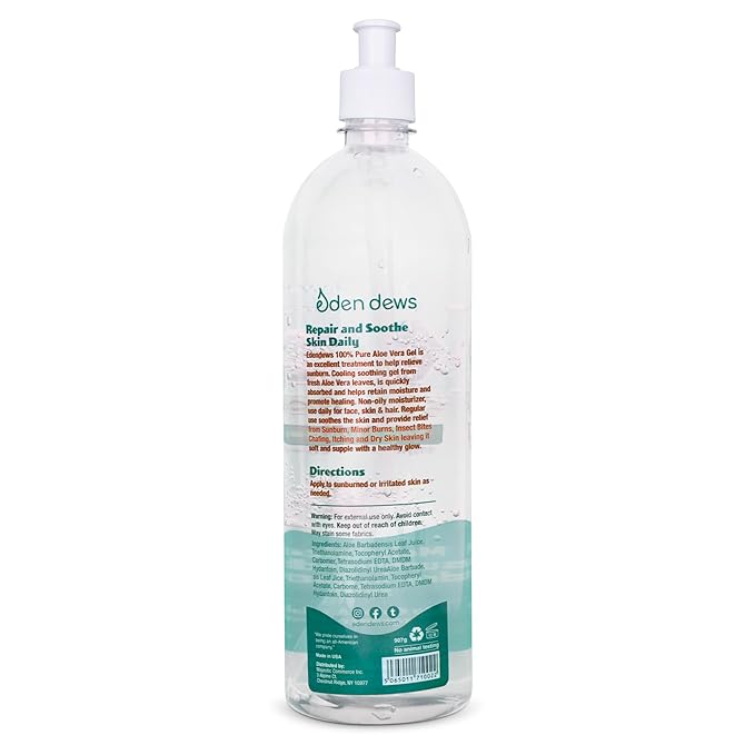 Aloe Vera Gel for Skin - 100% Pure & Natural Organic, Moisturizing, Face Skin & Hair Care, Sun Burn Relief, Hydrating & Soothing for Dry Skin, Made in USA, Unscented, 32 oz
