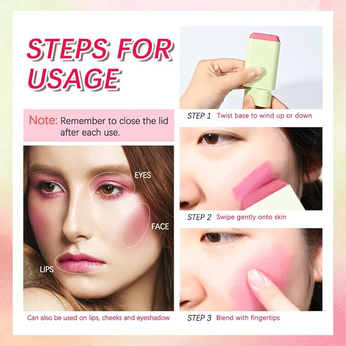 Multi-Use Cream Blush Stick,2-in-1 On-the-Go Blush for Cheek and Lip Tint,Waterproof Hydrating Tinted Solid Moisturizer Blendable Natural Grow Nude Face Blush Makeup,01 shy pink