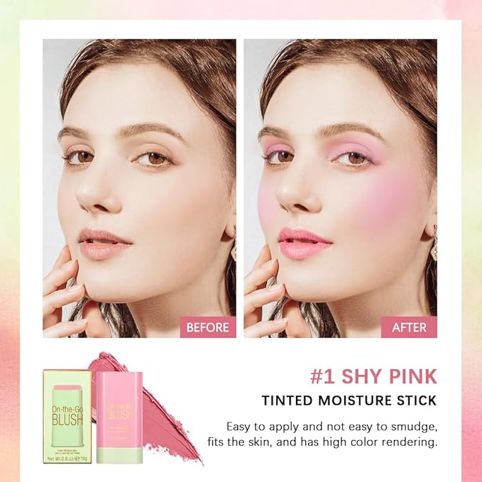 Multi-Use Cream Blush Stick,2-in-1 On-the-Go Blush for Cheek and Lip Tint,Waterproof Hydrating Tinted Solid Moisturizer Blendable Natural Grow Nude Face Blush Makeup,01 shy pink