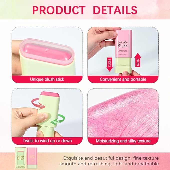 Multi-Use Cream Blush Stick,2-in-1 On-the-Go Blush for Cheek and Lip Tint,Waterproof Hydrating Tinted Solid Moisturizer Blendable Natural Grow Nude Face Blush Makeup,01 shy pink