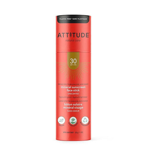 ATTITUDE Sunscreen Stick, Broad Spectrum UVA/UVB, Plant and Mineral-Based Ingredients,Vegan and Cruelty-free Sun Care Products, Face, SPF 30, Unscented, 1 Ounce (16040)