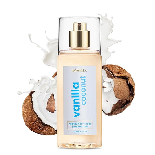 LAVANILA Vanilla Coconut Healthy Hair + Body Perfume Mist, 5 Fl Oz - Sweet & Tropical Fragrance Spray Formulated with Jojoba Oil, Madagascar Vanilla, Coconut, Tahitian Tiare Flower