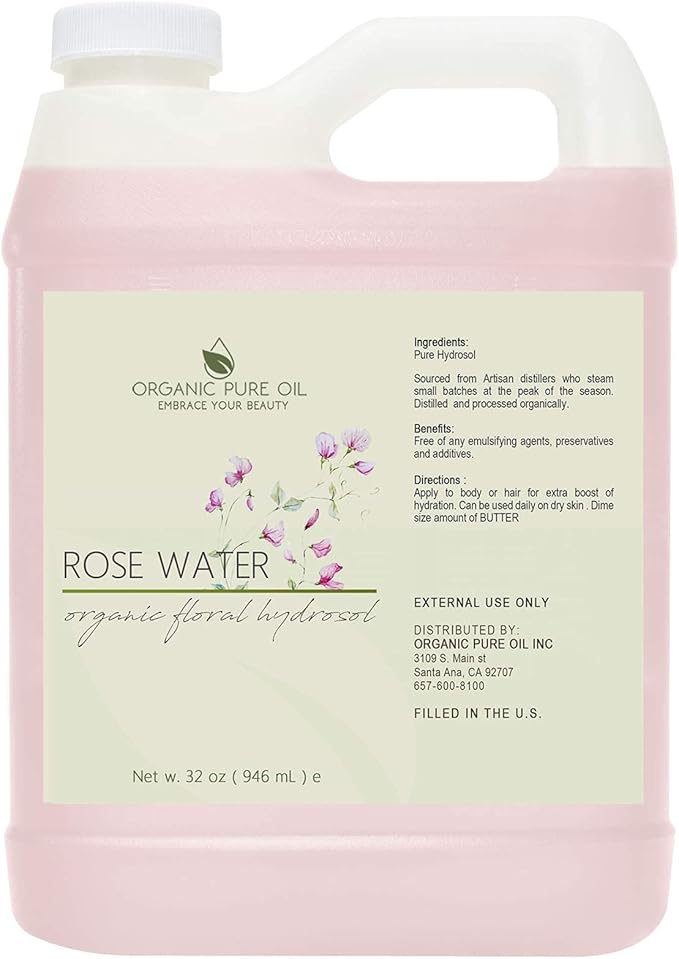 32 oz Rose Hydrosol Water โ 100% Pure Rosewater Spray Mist Bulk โ Hydrating Face Toner Rose Water for Skin and Hair Linen Spray for Sheets Room Freshener Body Spray Refill by Organic Pure Oil