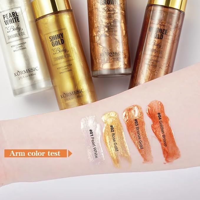 Shimmer Body Oil,Long Lasting Waterproof Face Brighten Glow Shiny Gold)