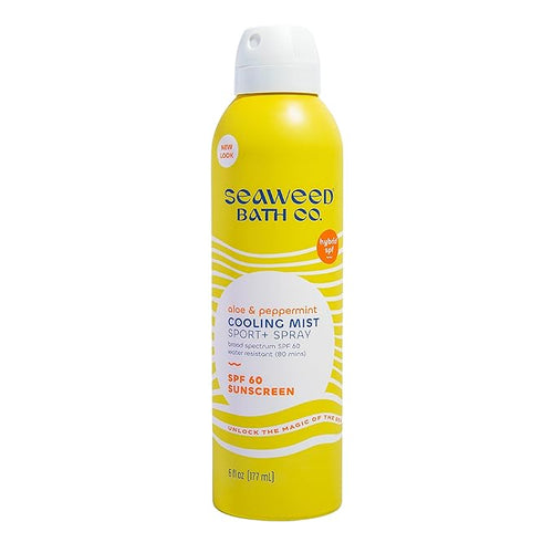 Seaweed Bath Co. Cooling Mist SPF 60 Sport Broad Spectrum Hybrid Sunscreen Spray, 6 Ounce, Sustainably Harvested Seaweed, Aloe, Peppermint