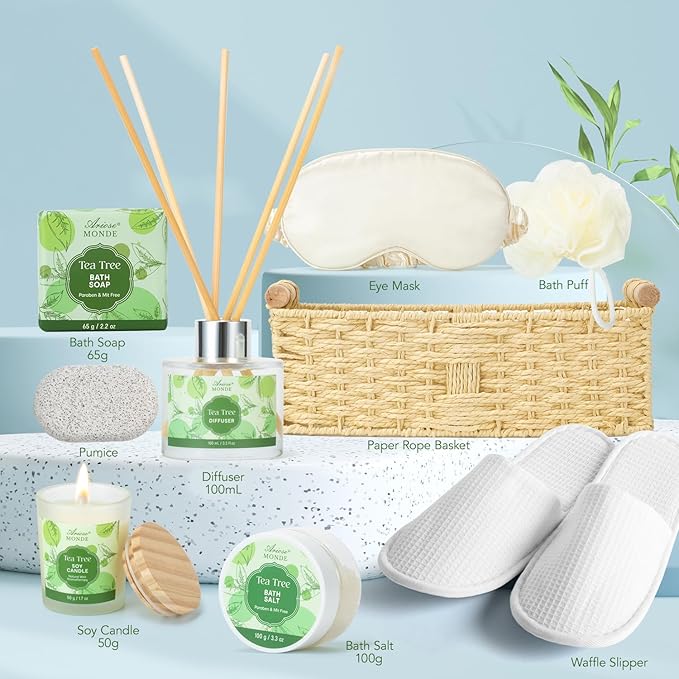Spa Gift Basket - Tea Tree Bath Set With Shower Gel, Bubble Bath, Hand Cream, Soap, Salt, Essential Oil - Luxury Body Gift Kit for Women