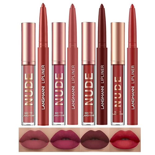 LANGMANNI 4pcs Matte Lipstick with Lipliners Durable Makeup Set,Long-Lasting Non-Stick Cup Not Fade Waterproof Pigmented Velvet Lipgloss Kit Beauty Cosmetics Makeup Gift for Girls(#3+4+6+12)