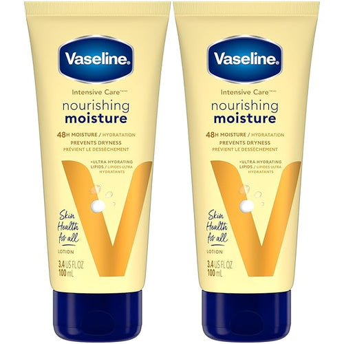 Vaseline Lotion, Intensive Care Nourishing Moisture 2-Pack – Moisturizer with Oat Extract + Ultra-Hydrating Lipids for Healing Extremely Dry Skin, 3.4 Oz Ea