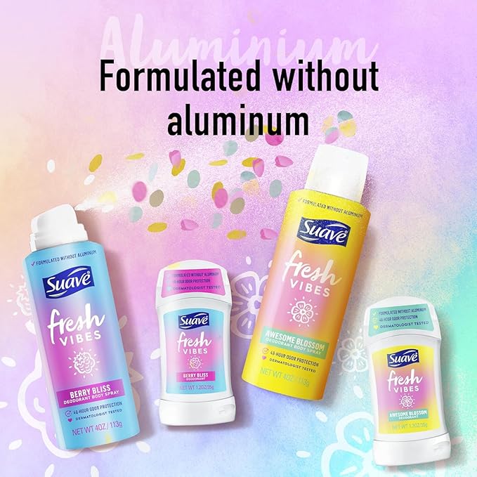 Suave Aluminum-Free Deodorant, Kids & Teen Girls – Fresh Vibes Berry Bliss & Awesome Blossom, 48H Protection, 1.2 Oz Ea