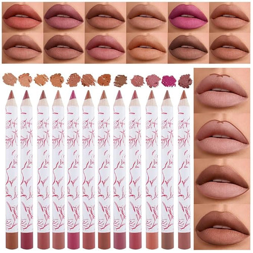12 Pcs Natural Nude Brown Beige Colors Lip Liner Lipstick Pencils Set for Daily Makeup,Easy to Apply & Remove,Waterproof (set07)