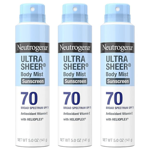Neutrogena Ultra Sheer Body Mist Sunscreen Spray, Broad Spectrum SPF 70, Lightweight Spray Sunscreen, Non-Greasy & Water Resistant, Oil-Free & Non-Comedogenic UVA/UVB, 5 oz, Pack of 3