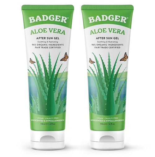 Badger Aloe Vera Gel for Sunburn Relief, Fair Trade & Organic After Sun Care, Pure Cooling Soothing Aloe Vera Gel for Face & Skin, Hypoallergenic & Unscented, 4 fl oz (2 Pack)