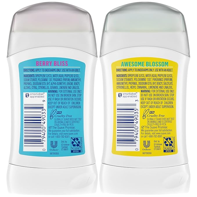 Suave Aluminum-Free Deodorant, Kids & Teen Girls – Fresh Vibes Berry Bliss & Awesome Blossom, 48H Protection, 1.2 Oz Ea