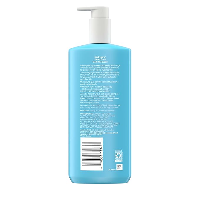 Neutrogena Hydro Boost Body Gel Cream With Hyaluronic Acid, Hydrating Body Lotion For Dry Skin, Fragrance-Free Hyaluronic Acid Moisturizer, 16 OZ