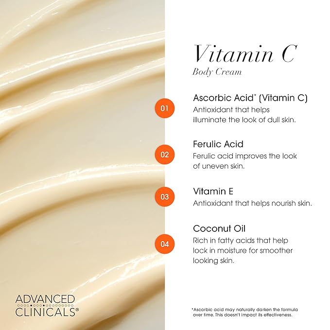 Advanced Clinicals Brightening Vitamin C Body Cream + AHA Exfoliating 10% Glycolic Acid & Lactic Acid Lotion 2PC Skincare Set For Women & Men To Reduce Appearance Of Dark Spots & Uneven Skin Tone