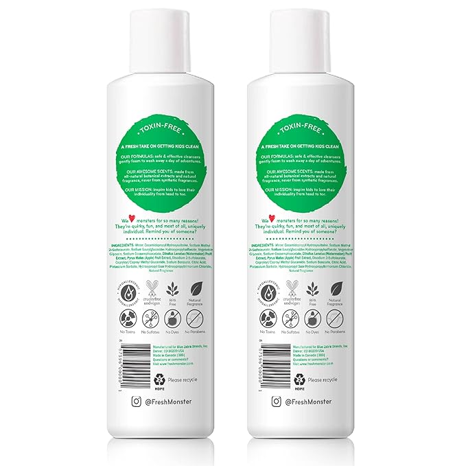 Fresh Monster 2-in-1 Kids Shampoo & Conditioner, Toxin-Free, Hypoallergenic, Tear-free Shampoo & Conditioner for Kids, Watermelon (2 Pack, 8.5oz/each)